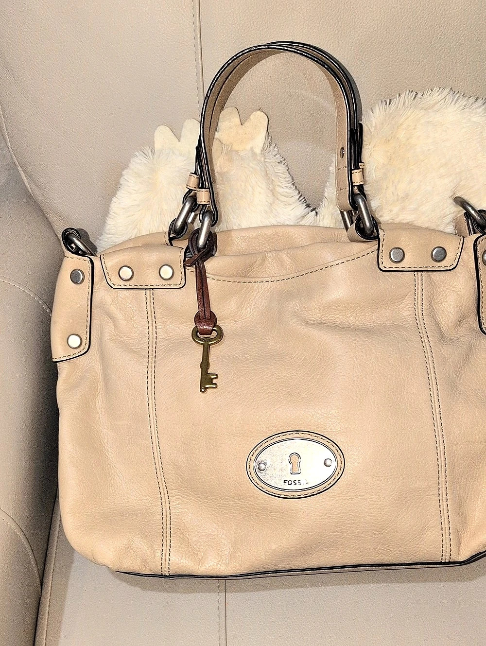 Fossil Maddox Leather Satchel / Shoulder Bag In Beige Or Vanilla Leather